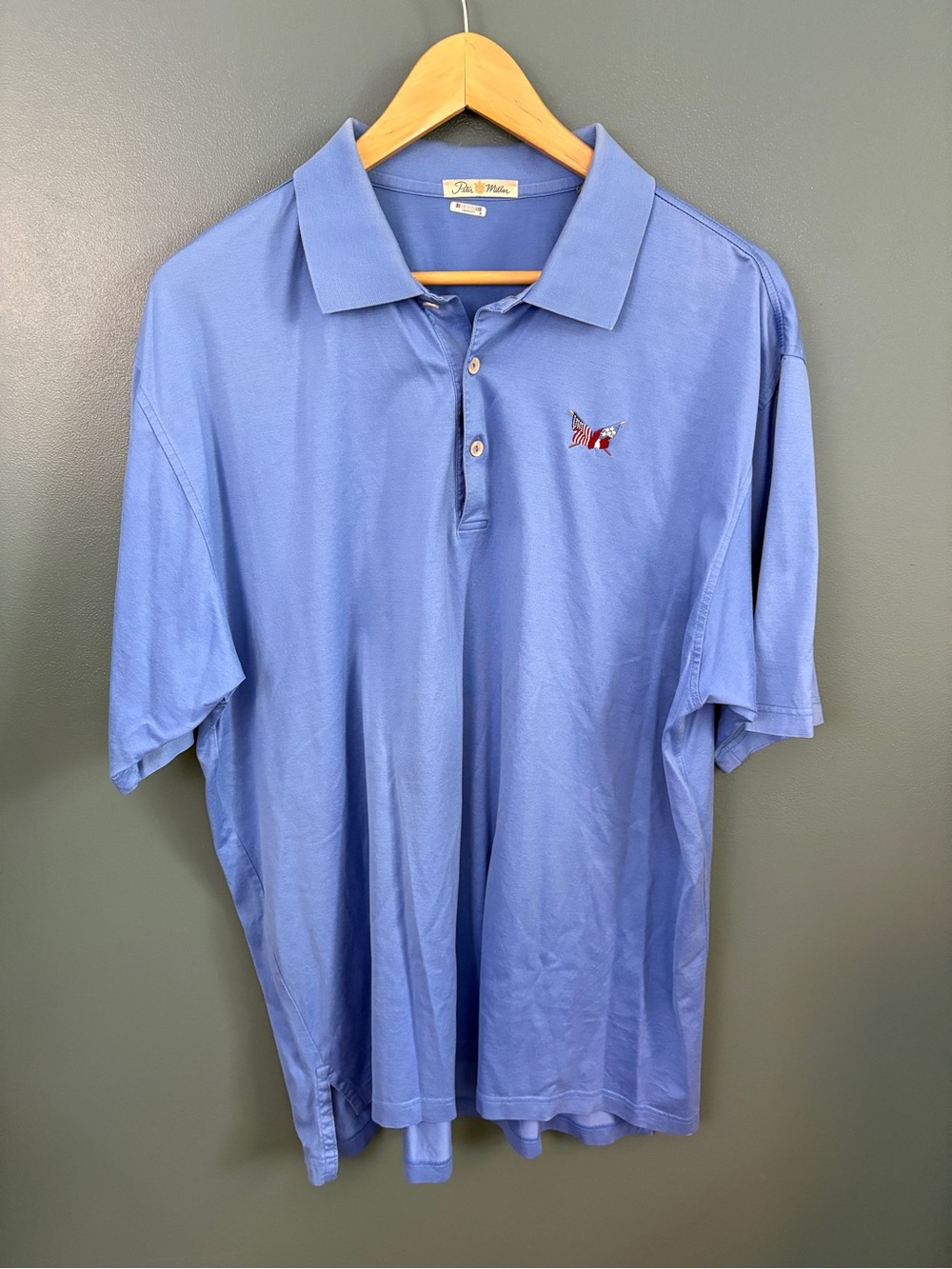 Peter Millar Men's XL Blue Performance Shirt with Secession Golf Club Flag Logo